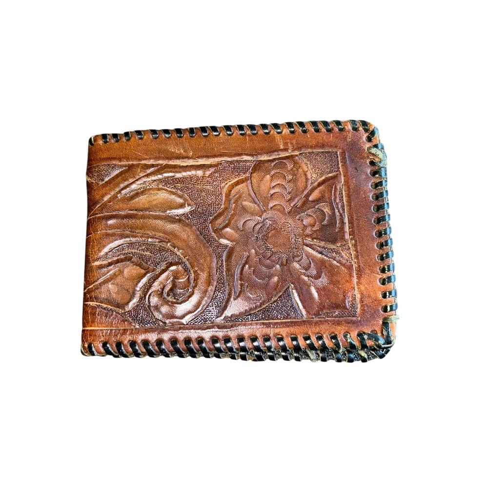 Vintage Leather Bifold Wallet Western Flowers Cowhide Lining Made In Mexico